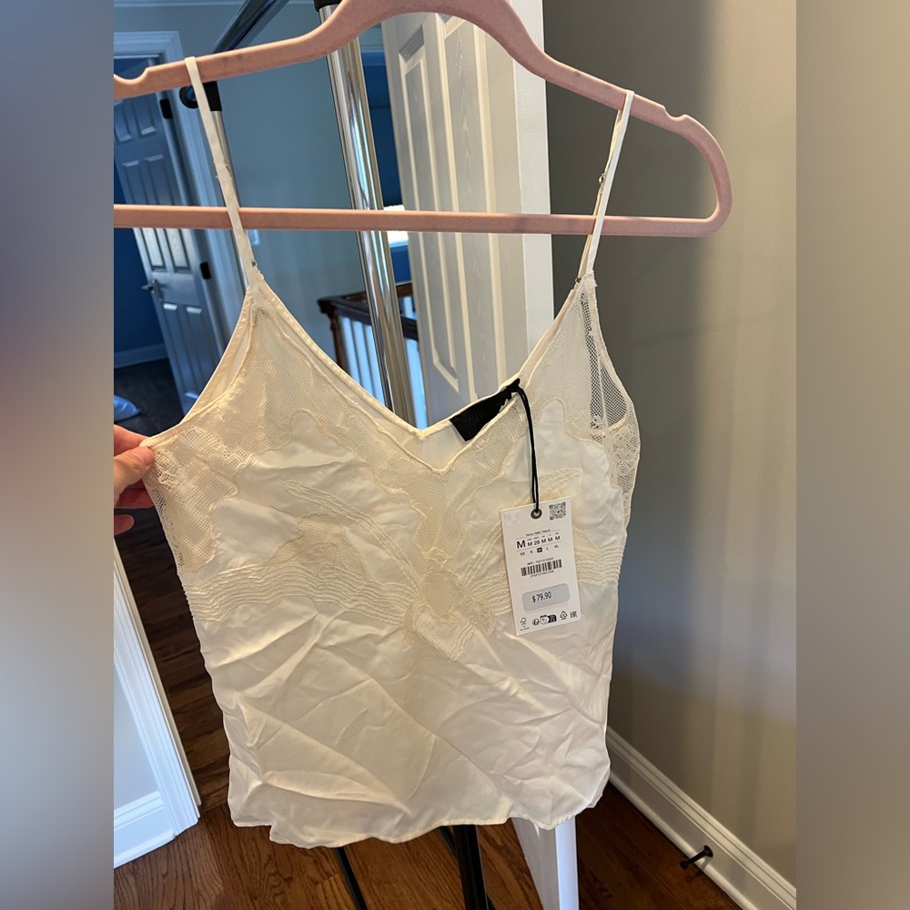 Zara Cream Lace Top silk/satin Sz M NWT